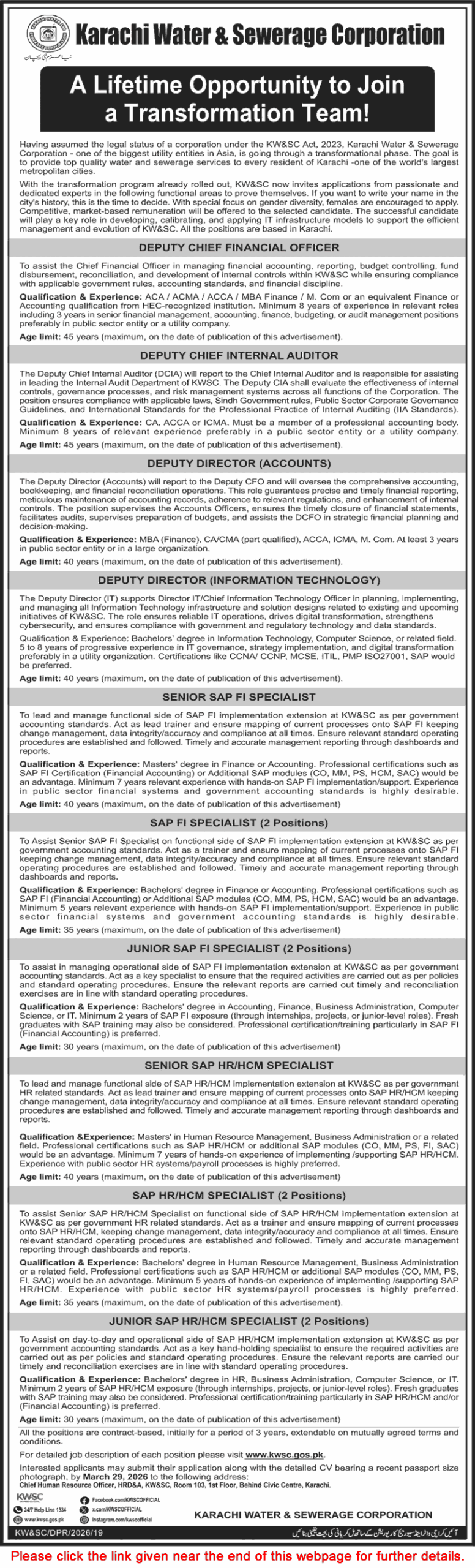 Karachi Water and Sewerage Corporation Jobs March 2026 SAP Specialists, Deputy Directors & Others KW&SC Latest